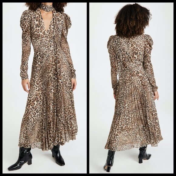 💕RONNY KOBO💕 Bernadette Pleated Leopard-Print Chiffon Midi Dress ~ Small NWT - Picture 9 of 16